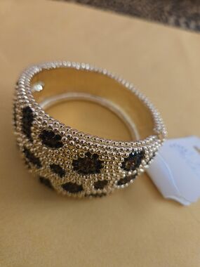 NWT Paris Collection Rhinestone Leopard Print Gold Cuff Statement Bracelet